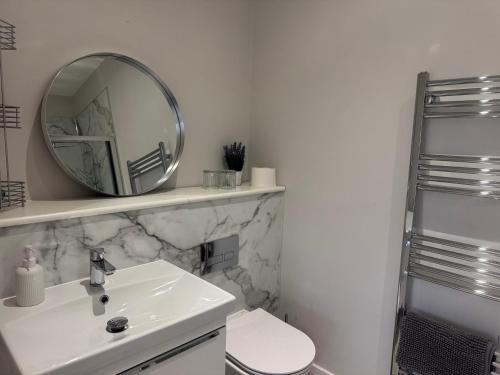 a bathroom with a sink and a mirror on a shelf at MacGregor Ranch Apartment in Spean Bridge