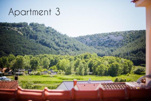 a view of a mountain with a field and trees at Apartments Skapul in Lopar