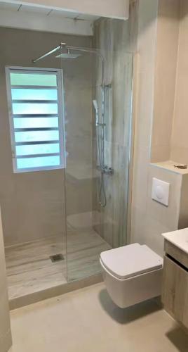 a bathroom with a glass shower and a toilet at MOOREA - Coconut Pool House 4 in Pihaena