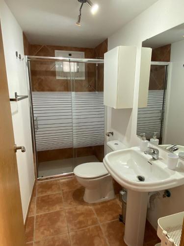 a bathroom with a toilet and a sink and a shower at La Novelera in Echedo