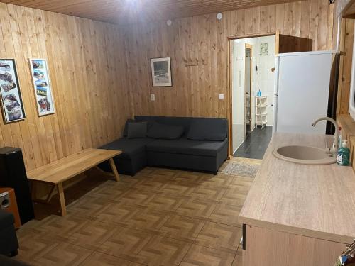 a living room with a blue couch and a kitchen at Pusa Saunamaja in Jõhvi