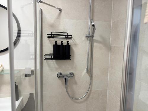 a shower in a bathroom with a glass door at Liya Apartments in Aiterhofen