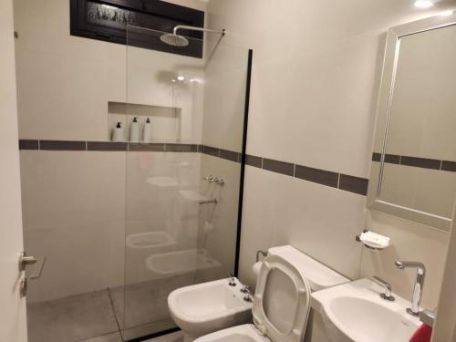 a bathroom with a toilet and a sink at Departamento macrocentro I, espacioso Río Cuarto in Río Cuarto