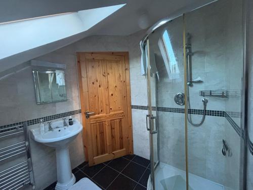 a bathroom with a sink and a shower with a glass door at Skellig Sanctuary in Dingle