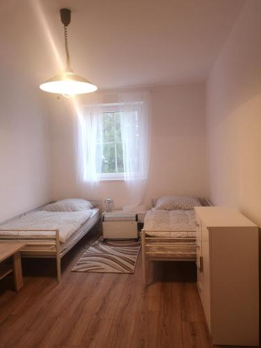 a room with two beds and a window at Chata u Vajdov in Stará Lehota