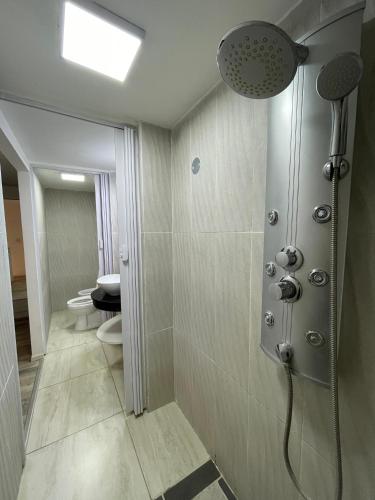 a bathroom with a shower with two toilets in it at Karina Apartamentos in La Rioja