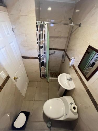 a bathroom with a toilet and a sink and a shower at Hostal JV Loft Doble A in Nogales