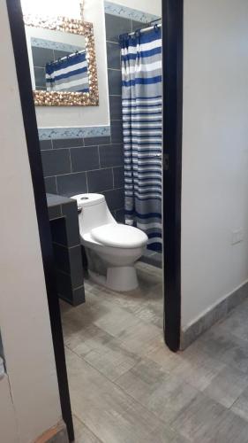 a bathroom with a toilet and a mirror at Laguna Hostal Ocean Beach in San Rafael del Sur