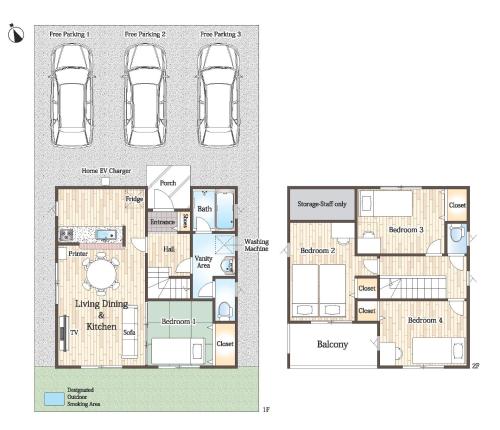 a floor plan and elevation of a house at 熊本熊猫基地セミコンハブ Kumamoto Panda Base Semicon Hub in Ozu
