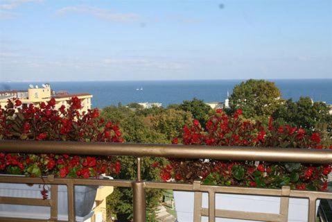a bunch of red flowers on a metal railing at Elias Apartment in Golden Sands