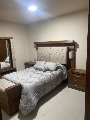a bedroom with a large bed and a mirror at Casa Mexiquito in Arandas