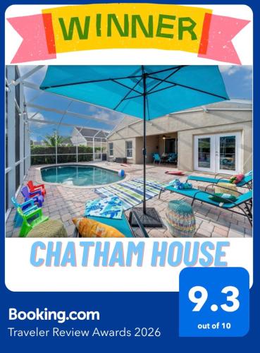 a flyer for a vacation house with a pool and an umbrella at Chatham House in Kissimmee