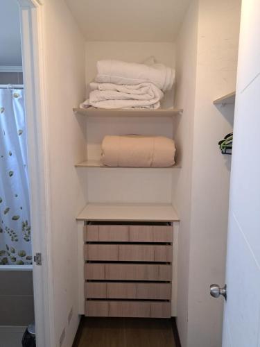 a walk in closet with towels on shelves at Agradable Dpto Calama Centro in Calama