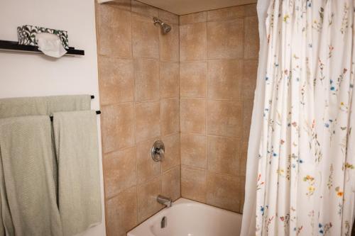 a bathroom with a tub and a shower with a shower curtain at Spacious 2-Bedroom Basement Suite in Whitehorn, Close to Calgary Airport, Hospital, & Train in Calgary