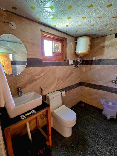 a bathroom with a toilet and a sink and a mirror at River View Sunrise Cottages Tirthan Valley in Kulu
