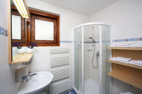 La salle de bains blanche est pourvue d'une douche et d'un lavabo. dans l'établissement Apartment Bernik II, à Kranjska Gora