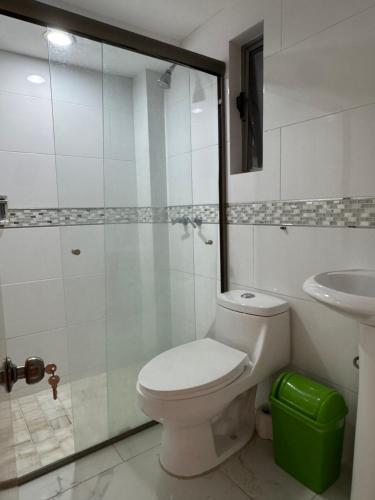 a bathroom with a toilet and a shower and a sink at Suites en la zona más cool in Guadalajara