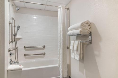 a bathroom with a shower and a bath tub with towels at The Clocktower Hotel Latham - North Albany, an Ascend Collection Hotel in Cohoes