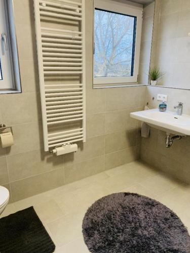 a bathroom with a sink and a toilet and a rug at FeWo Landblick in Hemau