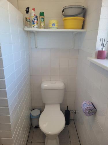 a bathroom with a white toilet in a stall at The Peppercorn Shack in Kingscote