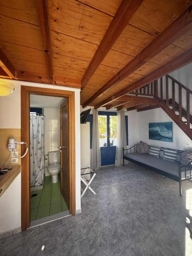 a large room with a bed and a bathroom at BlackBeach village in Perissa