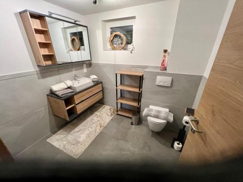 a bathroom with a sink and a toilet at Apart Alpenflair 74 in Fliess