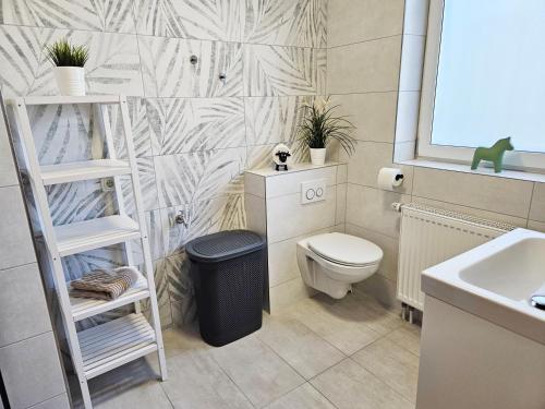 a bathroom with a toilet and a sink at Haus am Kuhsee in Augsburg