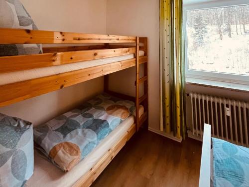 a bunk bed in a room with a window at Sofias Alpenpanorama inkl Aktivcard Bayerischer Wald in Freyung