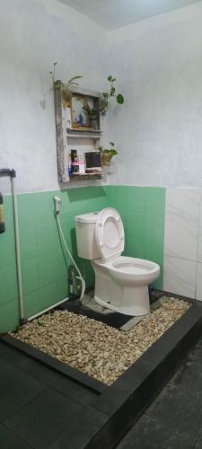 a bathroom with a toilet in a green wall at Garser Bantul in Yogyakarta