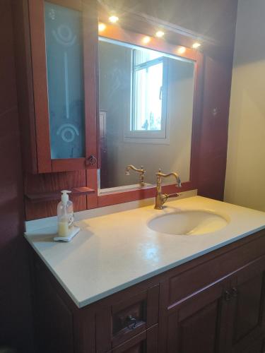 a bathroom with a sink and a large mirror at Sunshine in Skala Marion
