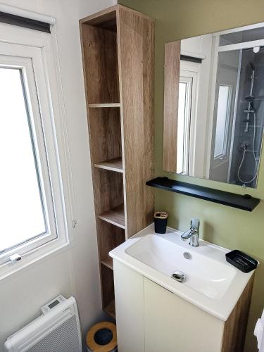 a bathroom with a sink and a mirror at Mobil home - La carabasse 4 Etoiles - 3 chambres in Vias