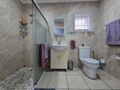 a bathroom with a toilet and a sink and a shower at Swallows Rest Cottage KZN in Scottburgh
