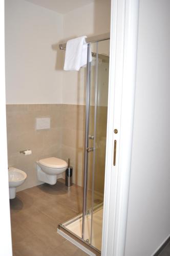 a bathroom with a toilet and a glass shower stall at Ibasilischi in Irsina