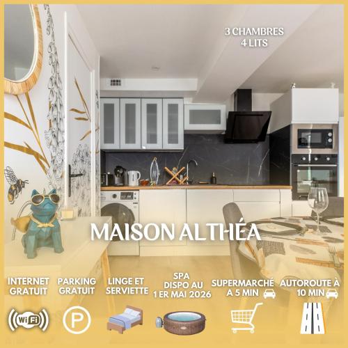 a rendering of a kitchen in a modern apartment at Maison Althéa - Calme, Spa & Extérieur plein sud in Lempty