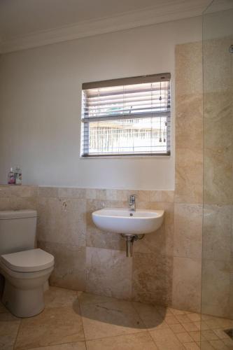 a bathroom with a toilet and a sink and a window at Dawn Mountains Farm in Simondium
