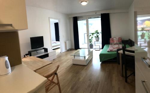 a living room with a green couch and a television at Apartment with parking on premise in Vienna