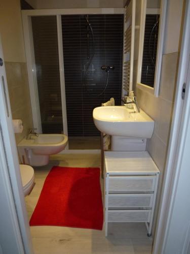 ein Badezimmer mit einem Waschbecken, einem WC und einem roten Teppich in der Unterkunft Il Nido in Gravedona