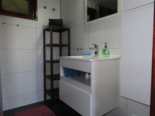 a bathroom with a white sink and a shelf at Veluwe Park Reewold Chalet Vision in Putten
