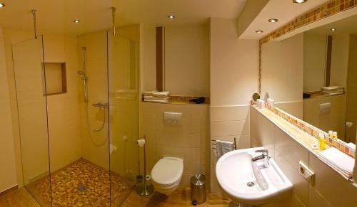 La salle de bains est pourvue d'une douche, de toilettes et d'un lavabo. dans l'établissement Gotikhotel Frenzelhof, à Görlitz