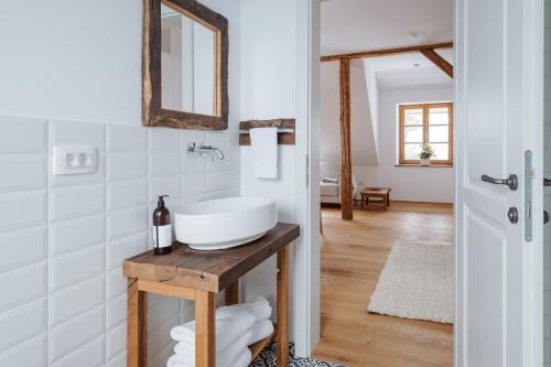 a bathroom with a sink and a mirror at Apartmaji Matec in Fala