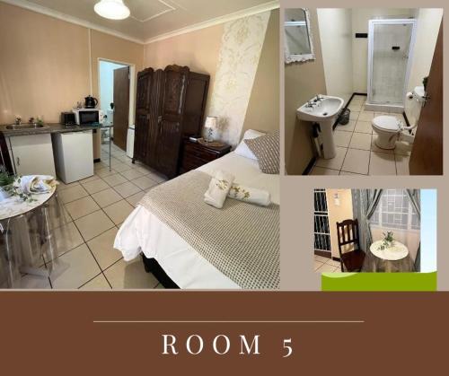 a kitchen and a bedroom with a bed and a bathroom at Bowden Guesthouse in Lime Acres