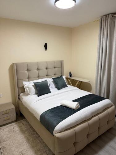 a bedroom with a large bed with blue pillows at pk Luxury Homes in Nairobi
