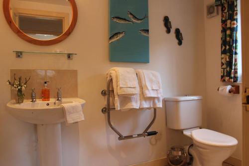 a bathroom with a sink and a toilet and a mirror at South Lodge in Lochgilphead