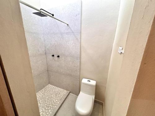 a bathroom with a shower with a toilet in it at Habitacion olas altas in Mazatlán