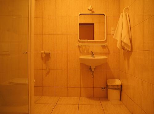 ein Bad mit einer Dusche, einem Waschbecken und einem Spiegel in der Unterkunft Hotel Twardowski in Głogoczów