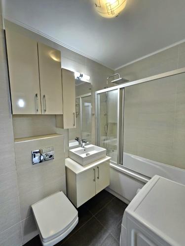 a bathroom with a toilet and a sink at The Solstice Studio Apartment in Cluj-Napoca