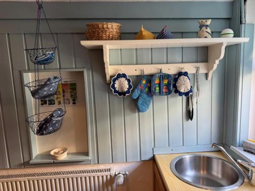 a kitchen with a sink and a shelf with knick knacks at Ferienhaus Winkelwerk in Goslar