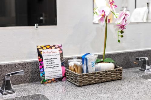 a bathroom counter with a basket of toothpaste and a flower at King-Sized Comfort with Rooftop Skyline Views in Dallas