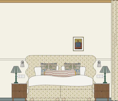 a drawing of a bedroom with a bed and two lamps at Florès Boutique Hotel in Zwolle