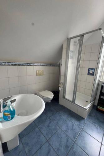 a bathroom with a tub and a toilet and a sink at Friesenhus in Butjadingen